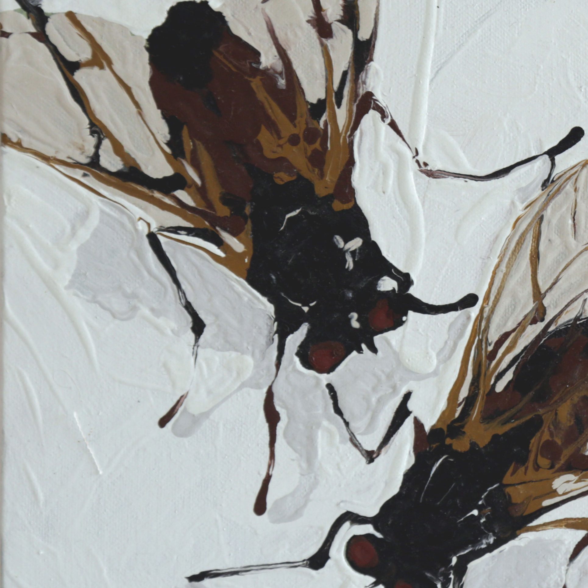 Peinture à l'huile de Peggy Fraquet représentant 2 mouches sur fond blanc.