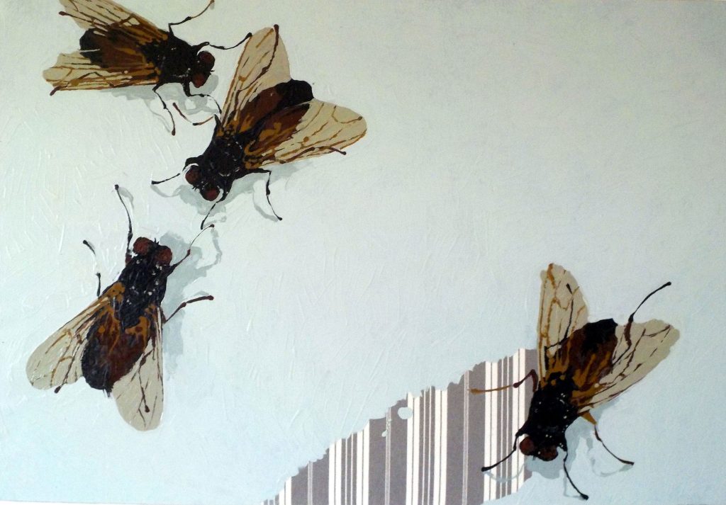 Peinture à l'huile de Peggy Fraquet représentant 3 mouches sur fond blanc.