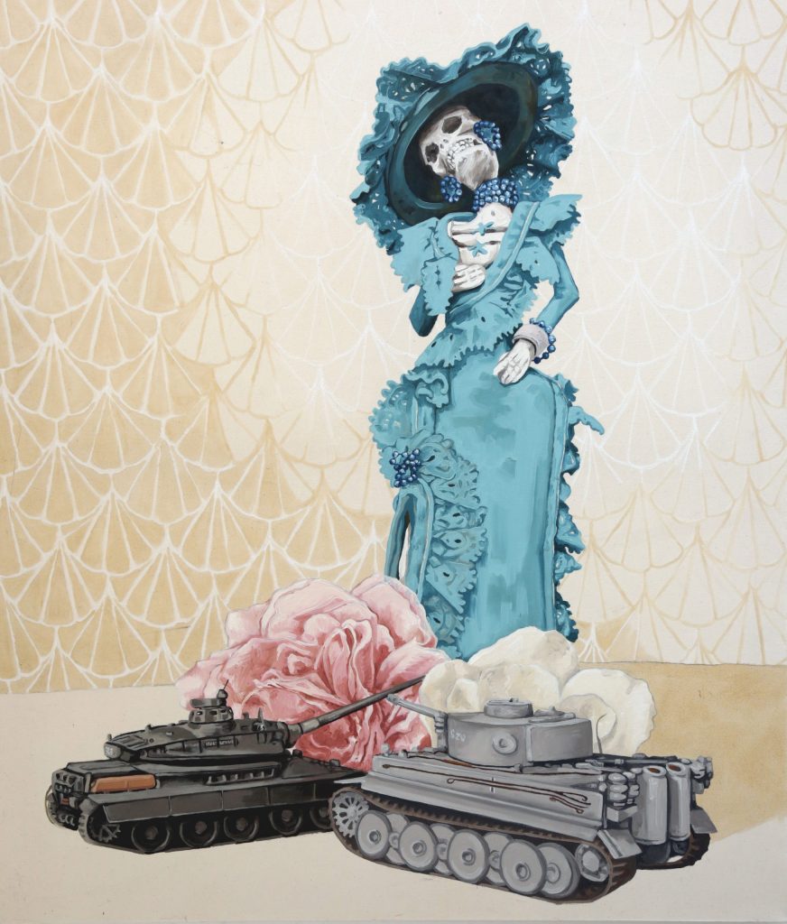 Femme bleue et Tanks. 2015. 140x120cm. Huile sur toile et craie blanche