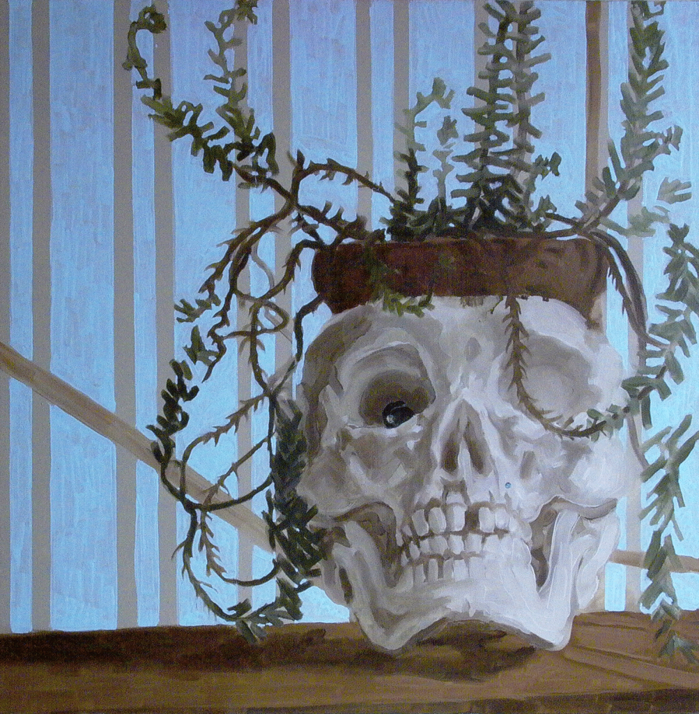 Une peinture à l'huile sur toile représente un Crâne dans lequel est incéré un pot de fleur 2006 80x80cm Huile sur toile