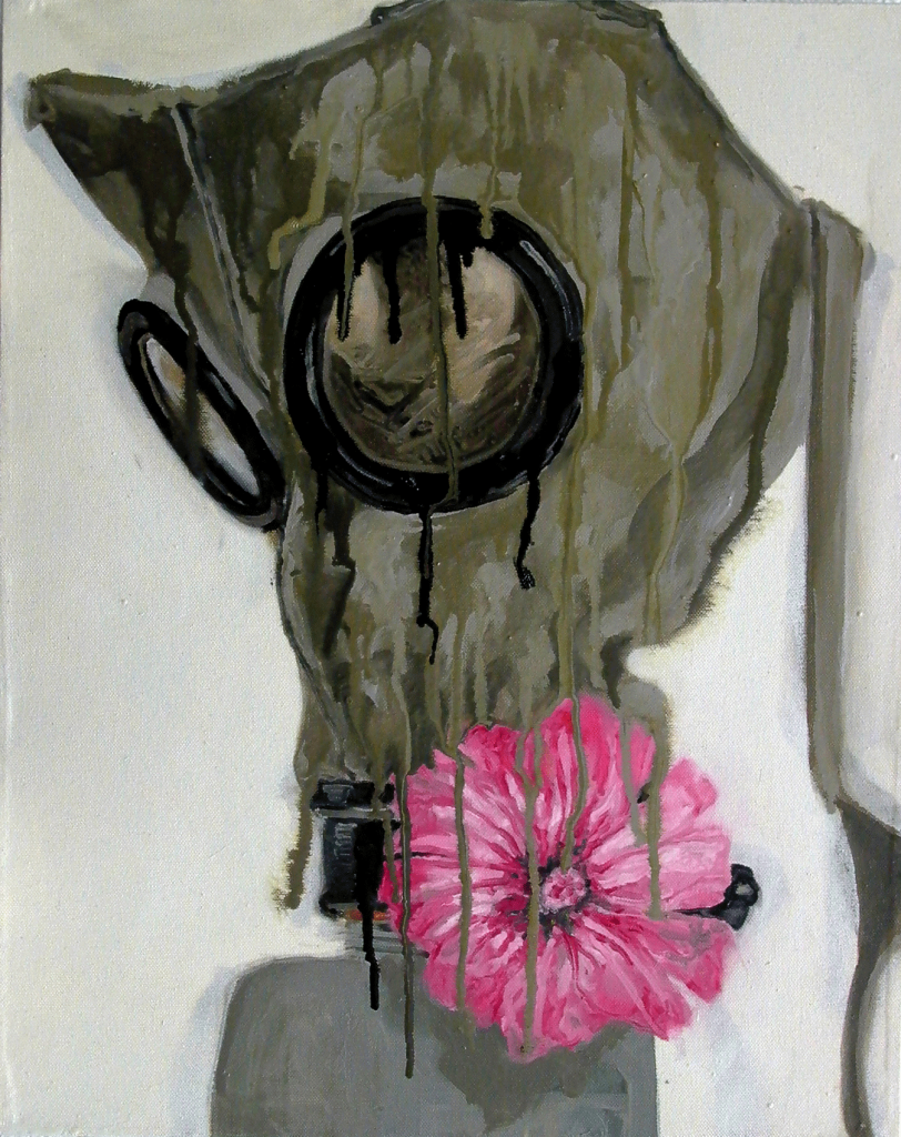 Masque à gaz fleuri 2007 50x40cm Huile sur toile