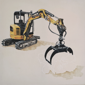 Caterpillar et hibiscus, 2024. 80x80cm. Huile sur toile