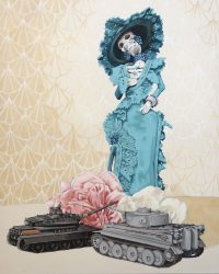 Femme bleue et Tanks. 2015. 140x120cm. Huile sur toile et craie blanche